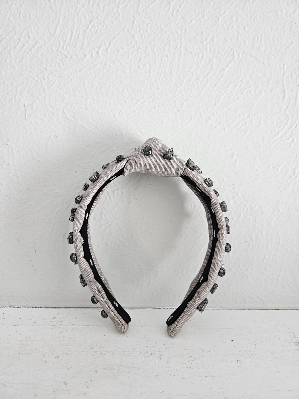 NWOT Lele Sadoughi Crystal Embellished Gray Woven Top Knot Headband